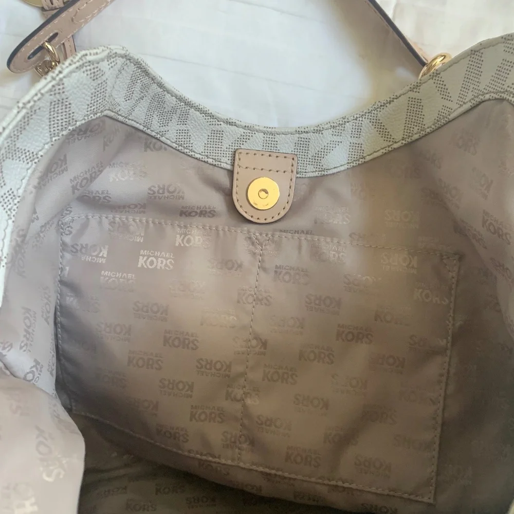 Michael Kors Beige Logo Leather Shoulder Handbag